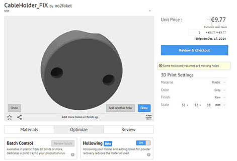 Sculpteo hollowing tool adding second holes for 3D printing
